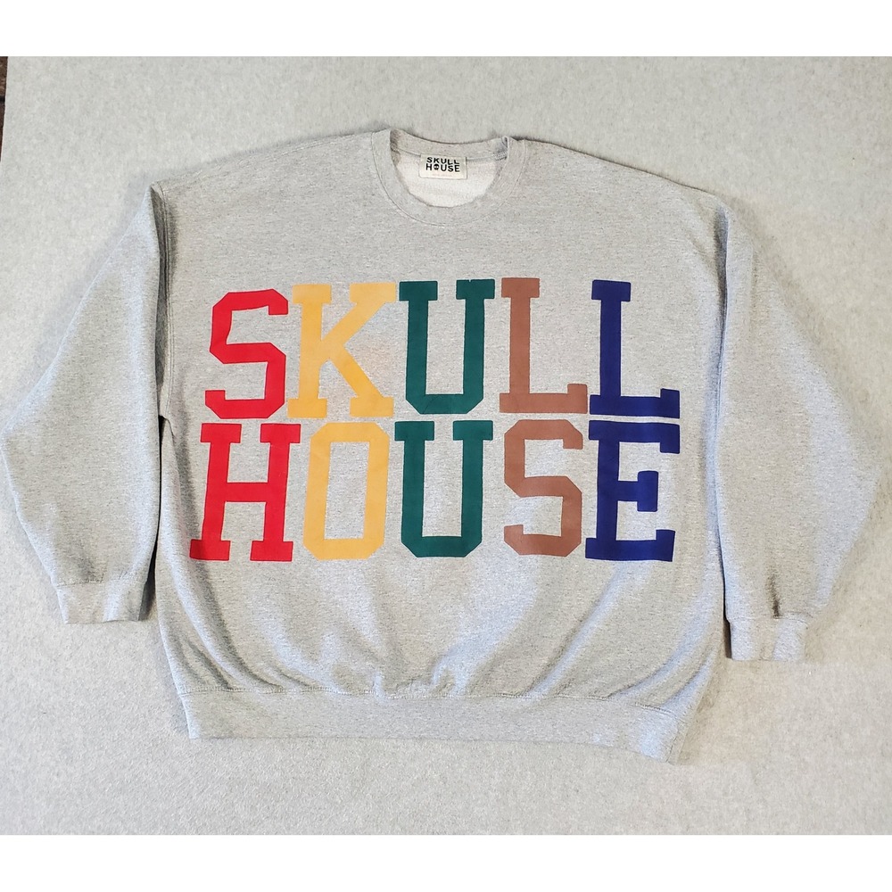 Skull House Sweatshirt Mens XL Gray Multi Color Block Letter Graphic Crewneck